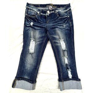 Almost Famous Capri Jeans Size 7 Distressed Cuffed Hem Fringe Detail Whistering